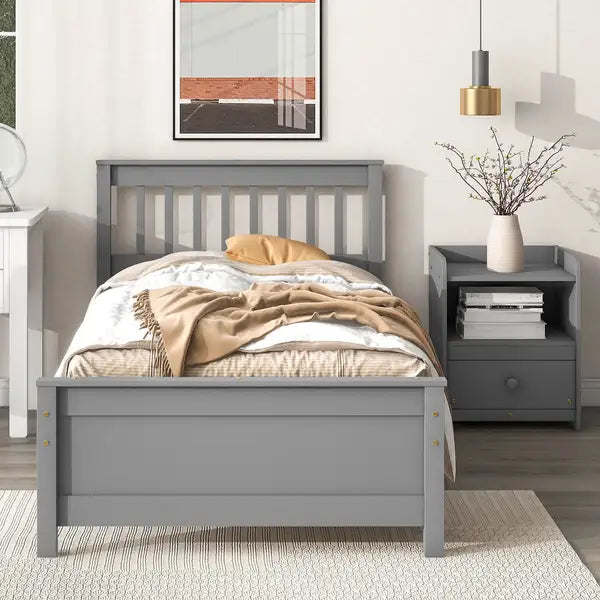 Twin Bed Frame with Headboard, Footboard & Nightstand - Grey for Kids, Teens, Adults