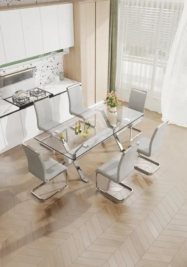 Modern Glass Dining Table with Silver Legs - 79" x 39" x 30" - Home & Office Use - Minihomy