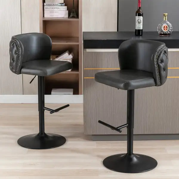 Modern Swivel Bar Stools | Adjustable Height | PU Upholstered | Tufted Back | Dark Gray (Set of 2) - Minihomy