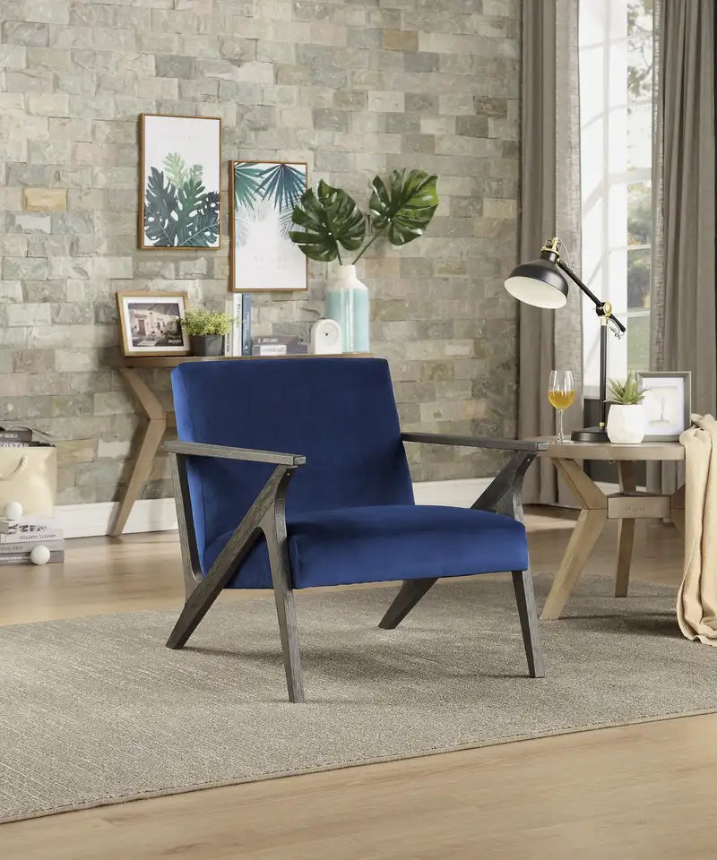 Blue Velvet Accent Chair - Retro Style, Solid Wood Frame