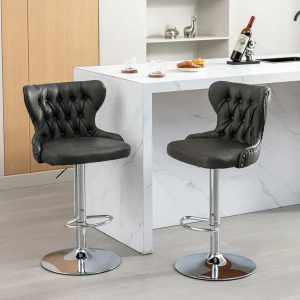 Olive Green Swivel Bar Stools with Backs - Adjustable Height 25-33", Chrome Base, Tufted  - SW1844GY - Minihomy