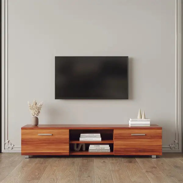 Walnut TV Stand for 70" TVs: Media Console with Storage & Shelves