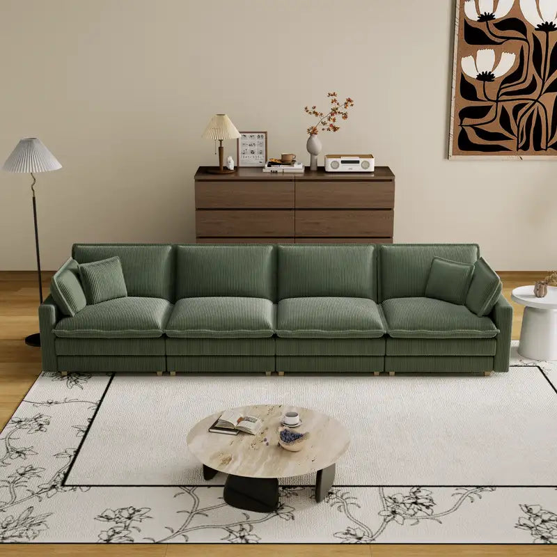 Green Modular L-Shaped Sectional Sofa - Deep Seats, 4 Pillows