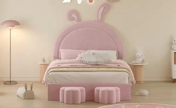 Full Size Upholstered Rabbit Bed with Storage Stools, Pink Velvet Platform Bed with Ears Headboard - Minihomy