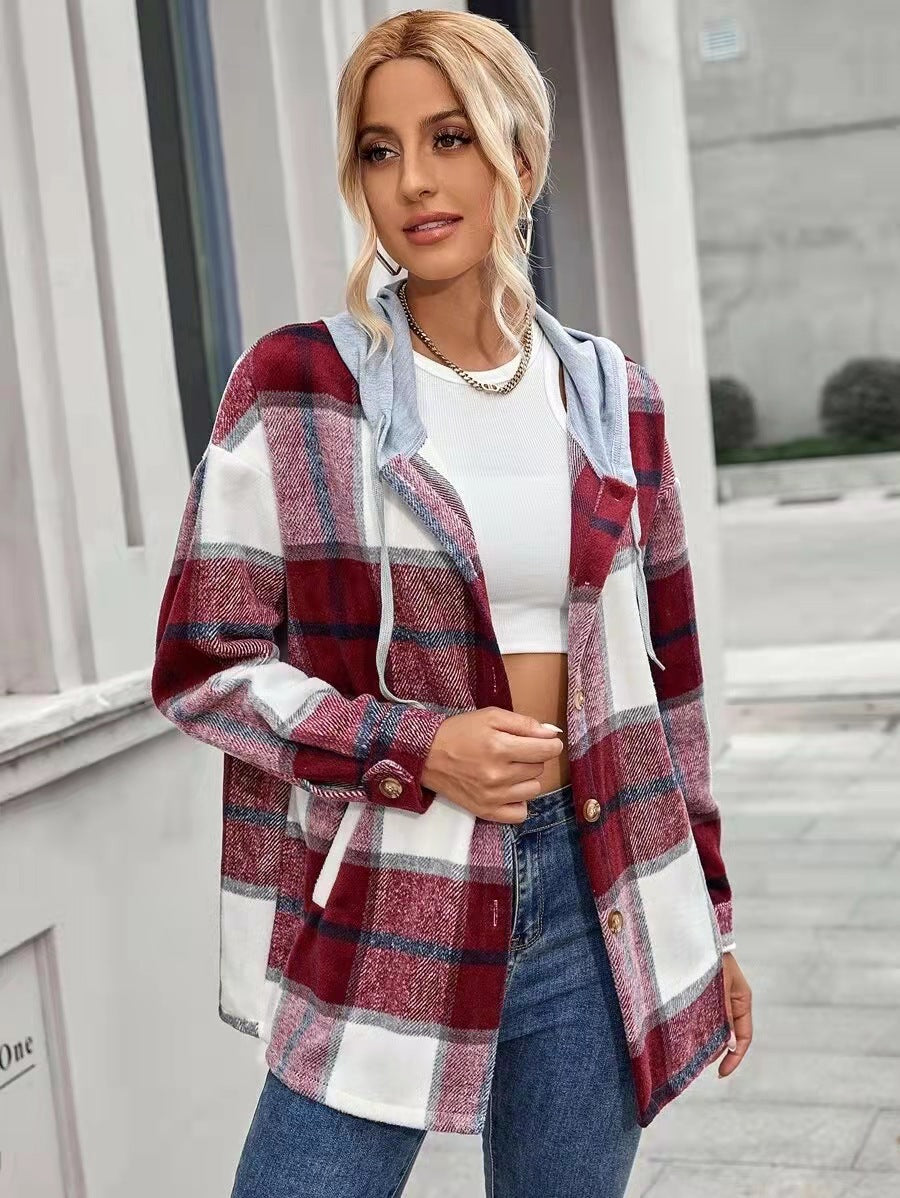 Women Cardigan Plaid Woolen Coat