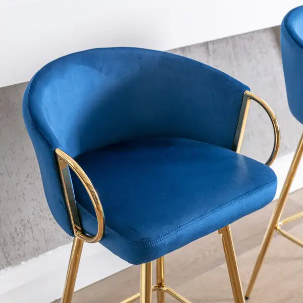 2-Pack 30" Velvet Bar Stools with Chrome Footrest & Gold Legs - Blue - Minihomy