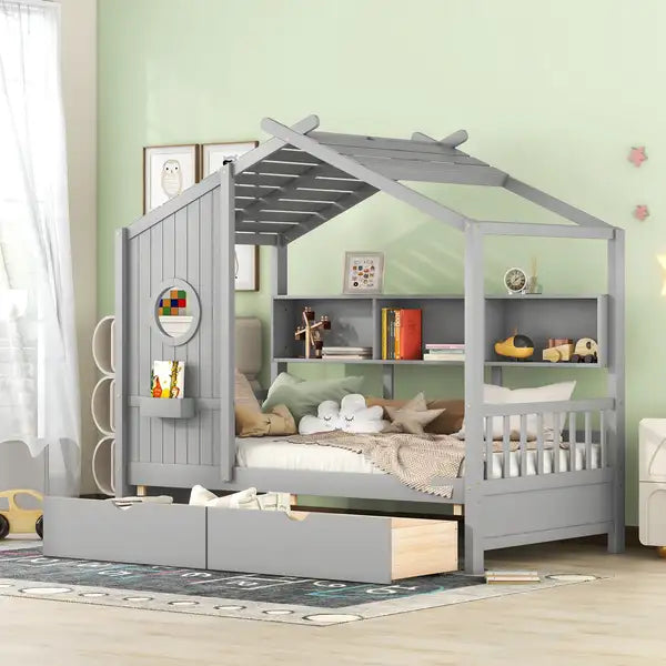 Twin Size Wooden House Bed with Storage - Gray Kids Bed with Drawers