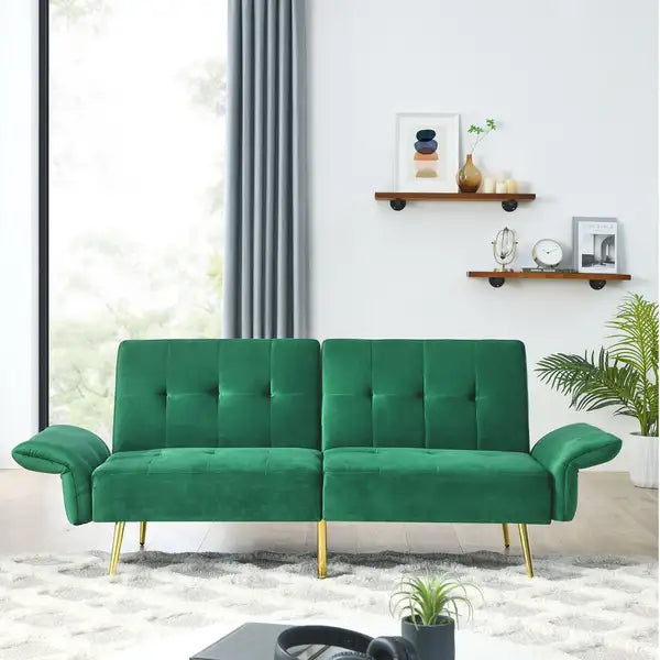 78" Italian Velvet Futon Sofa Bed w/Storage - Green