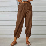 Women Drawstring Tie Pants Spring Summer Cotton And Linen Trousers With Pockets Button