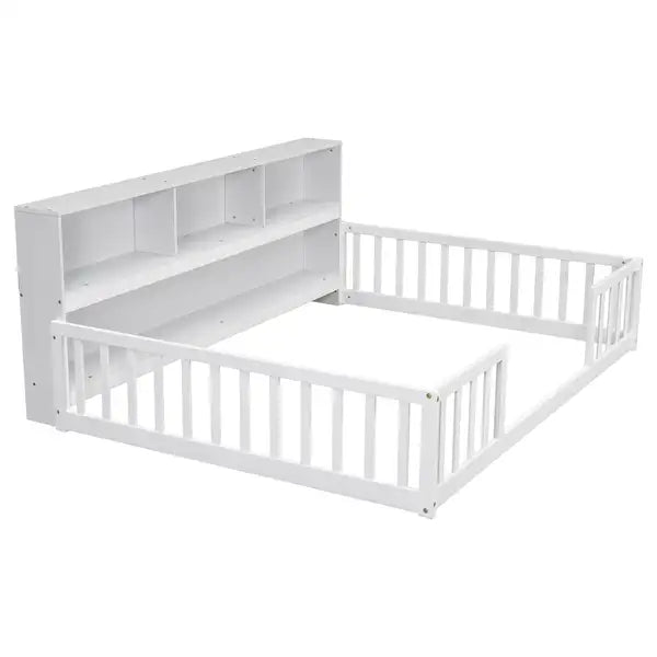 Full Size Platform Bed with Bookcase, Shelves, Guardrails - White - Minihomy