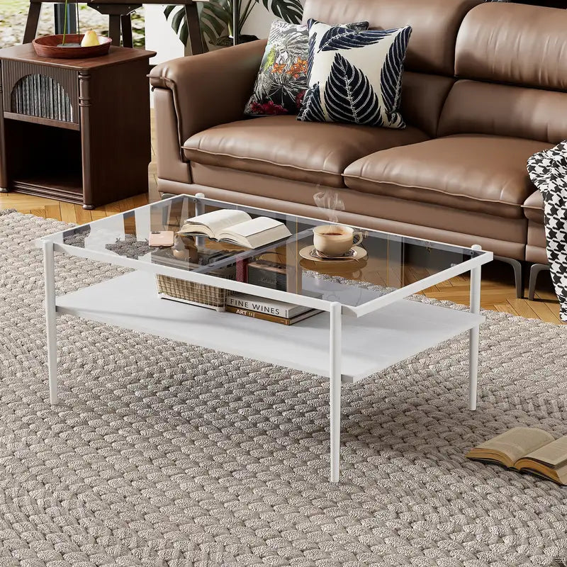 Modern Gray Glass Coffee Table with White Legs - Rectangle Living Room Table