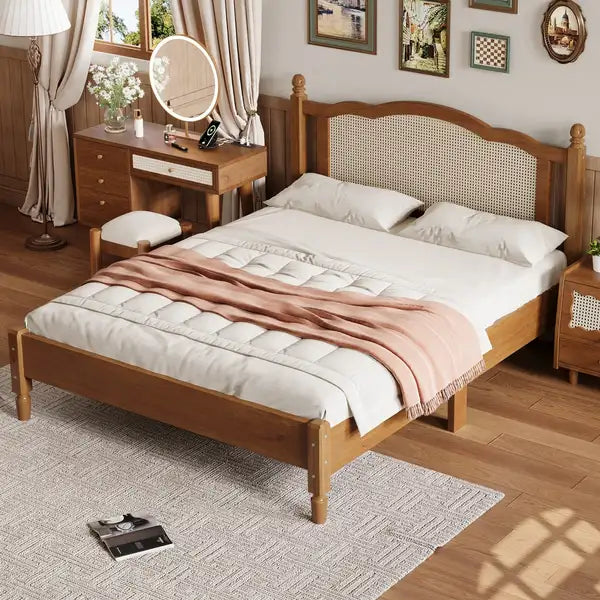 Queen Size Wooden Platform Bed with Rattan Headboard - Vintage Walnut Bed Frame