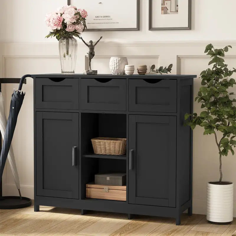 Black Wooden Storage Cabinet with Drawers & Shelves - Living Room, Bedroom, Bathroom