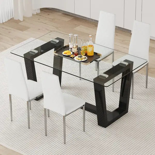 Black Dining Table and Chair Set - Tempered Glass Top, Checkered PU Chairs - Minihomy