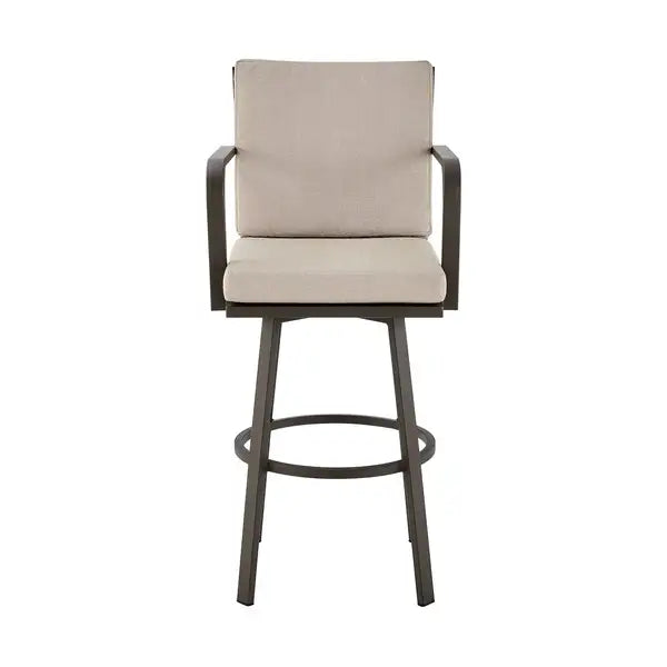 Faye Brown Aluminum Patio Barstool with Beige Cushions - 30 Inch Modern Outdoor Seating - Minihomy