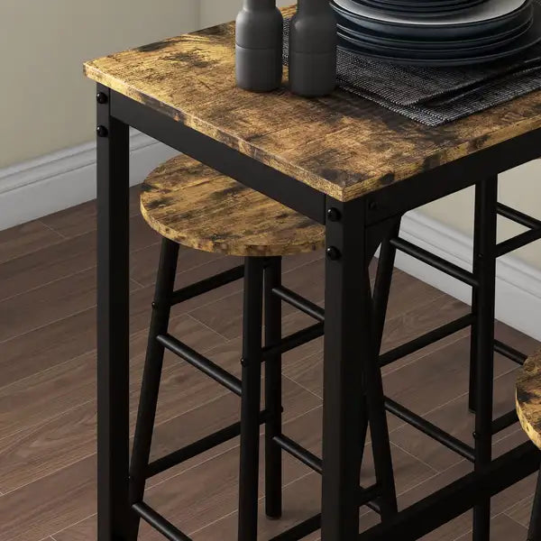 Industrial Bar Table Set with 4 Stools - Rustic Brown Kitchen Pub Dining