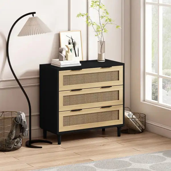 Rattan Storage Cabinet with 3 Drawers - Black - Bedroom, Living Room & More