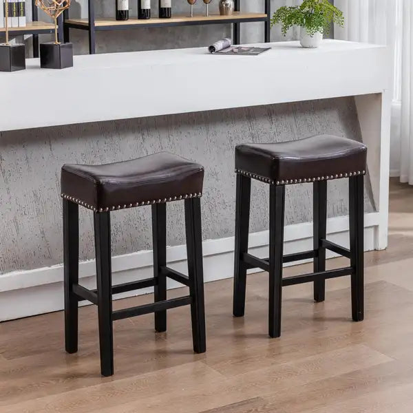 Farmhouse Counter Height Bar Stools (Set of 2), Brown Faux Leather, 29" - Minihomy