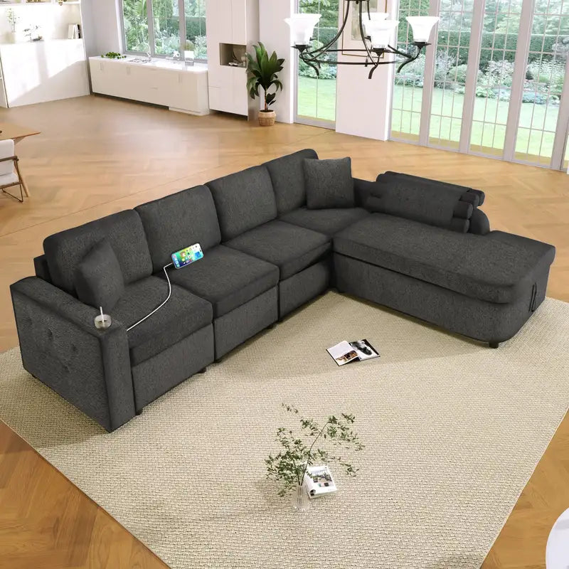 L-Shaped Sectional Sofa with Storage, Cup Holders & USB - 109.8" Black