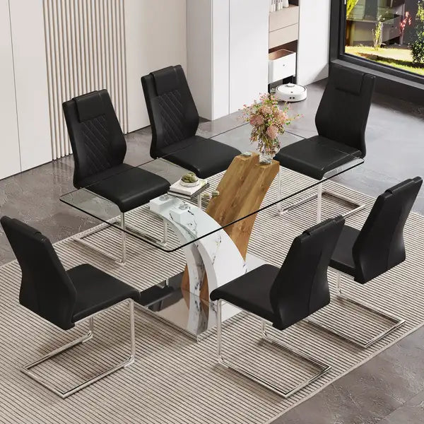 Modern Dining Table & 6 Chair Set - Tempered Glass Top, Artistic MDF Legs, PU Seats