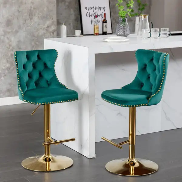 Green Velvet Barstools Set of 2, Adjustable Swivel Bar Stools with Backs for Kitchen Island & Pub - Minihomy