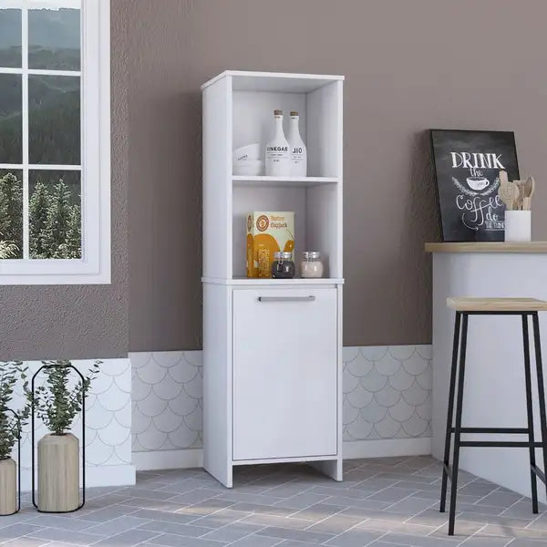 Kitchen Pantry 59" H, Two Open Storage Shelves, Single Door Cabinet, Two Interior Shelves, White - Minihomy