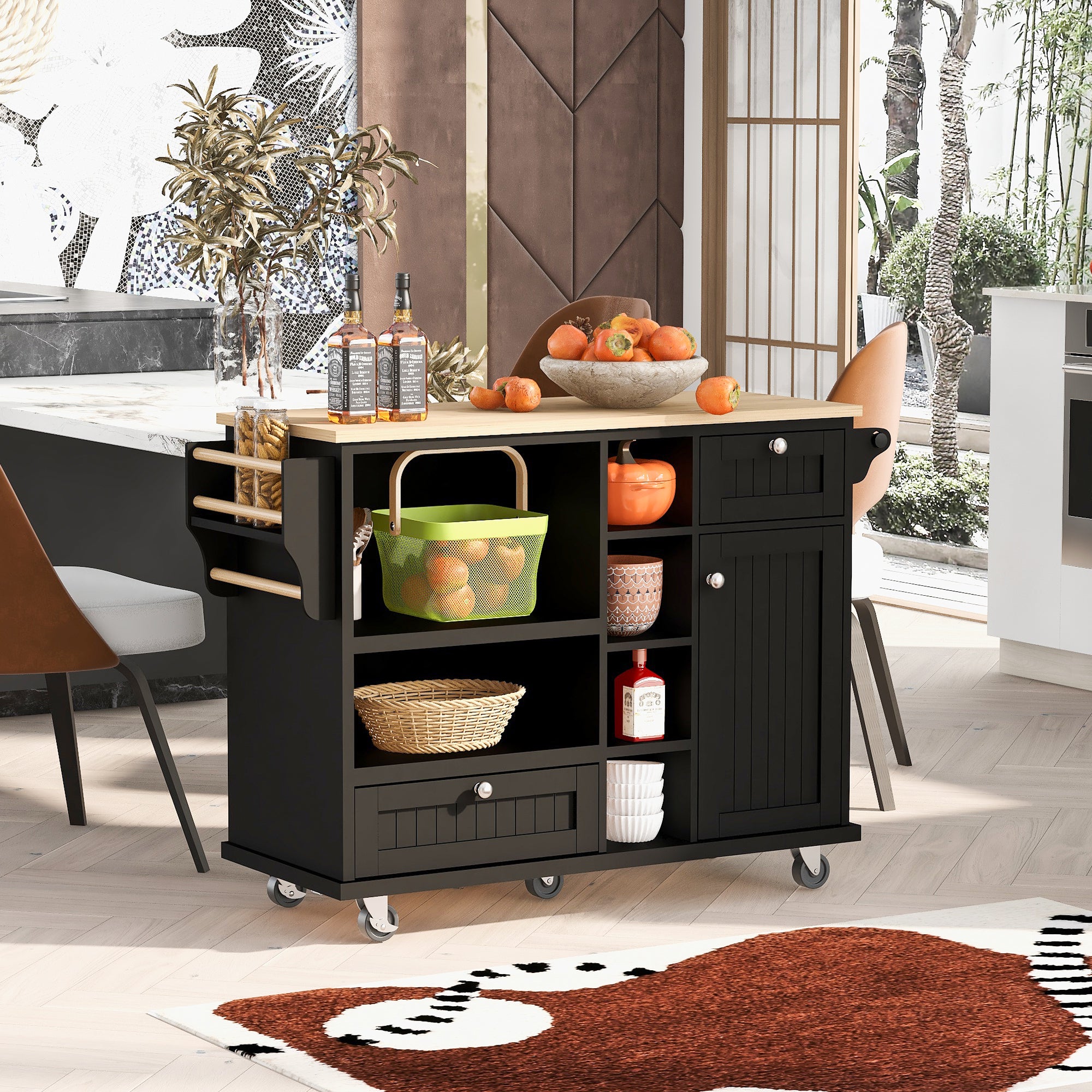 Kitchen Island Cart with Storage, Solid Wood Top, Microwave Cabinet, Locking Wheels - Black