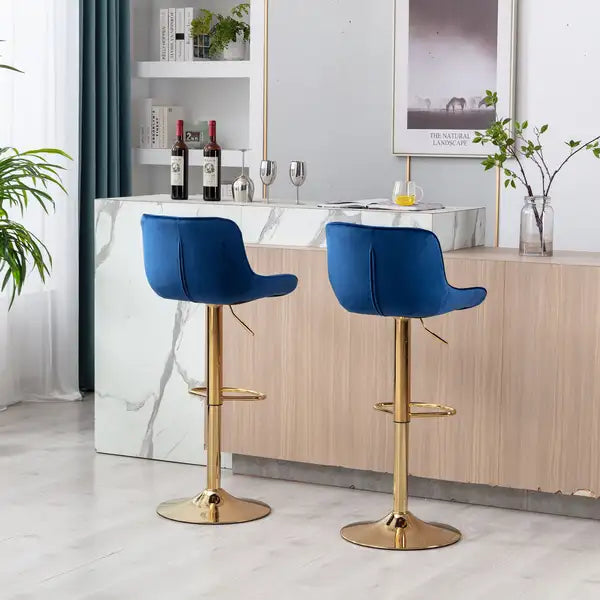 Navy Velvet Bar Stools Set of 2 | Swivel, Height Adjustable, Chrome Base - Minihomy