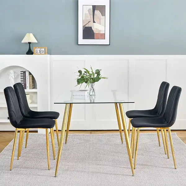 Modern Black Dining Chairs Set of 4, Simple Luxury Home Bedroom Stool with Gold Metal Legs - Minihomy