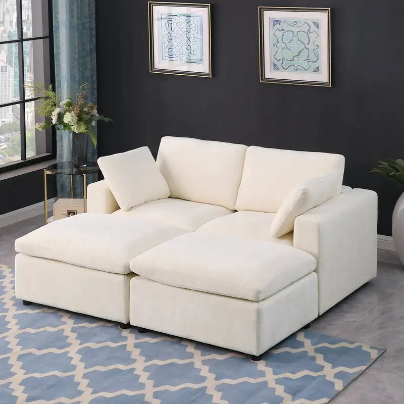 Beige Chenille Modular Sofa Sleeper & Ottomans (68.5")