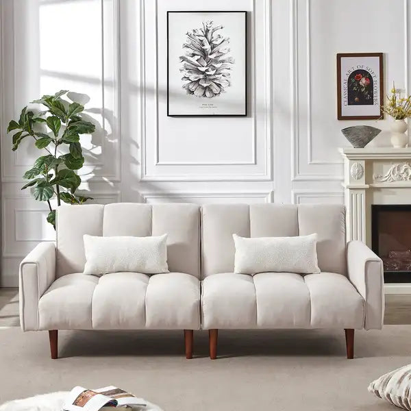 Ivory Linen Futon Sofa Bed with Wooden Legs - Convertible Couch Sleeper