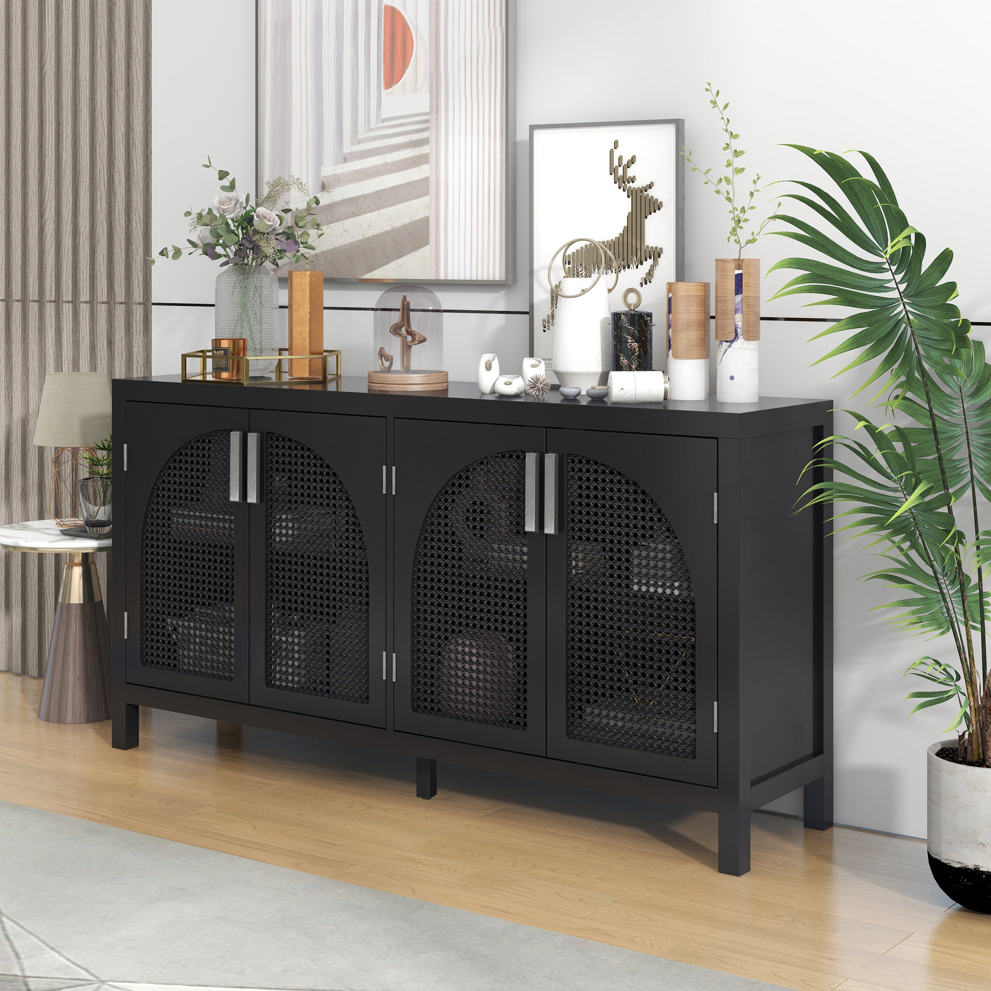 Large Storage Sideboard with Rattan Door & Metal Handles - Black - Living Room Entryway Furniture