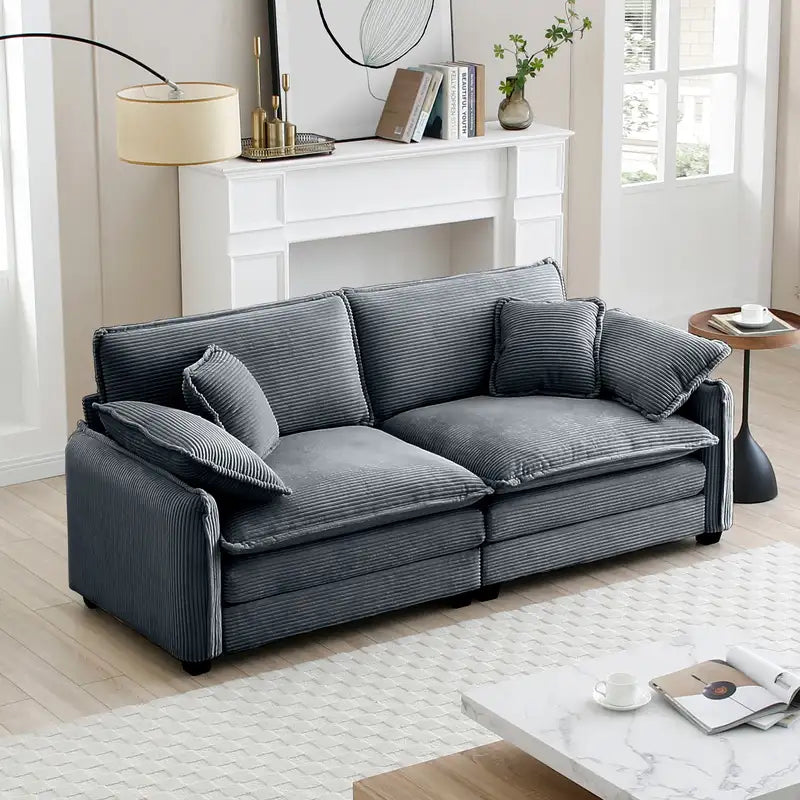 Cozy Grey Corduroy Sofa: Deep Seat, 2 Seater, 4 Pillows