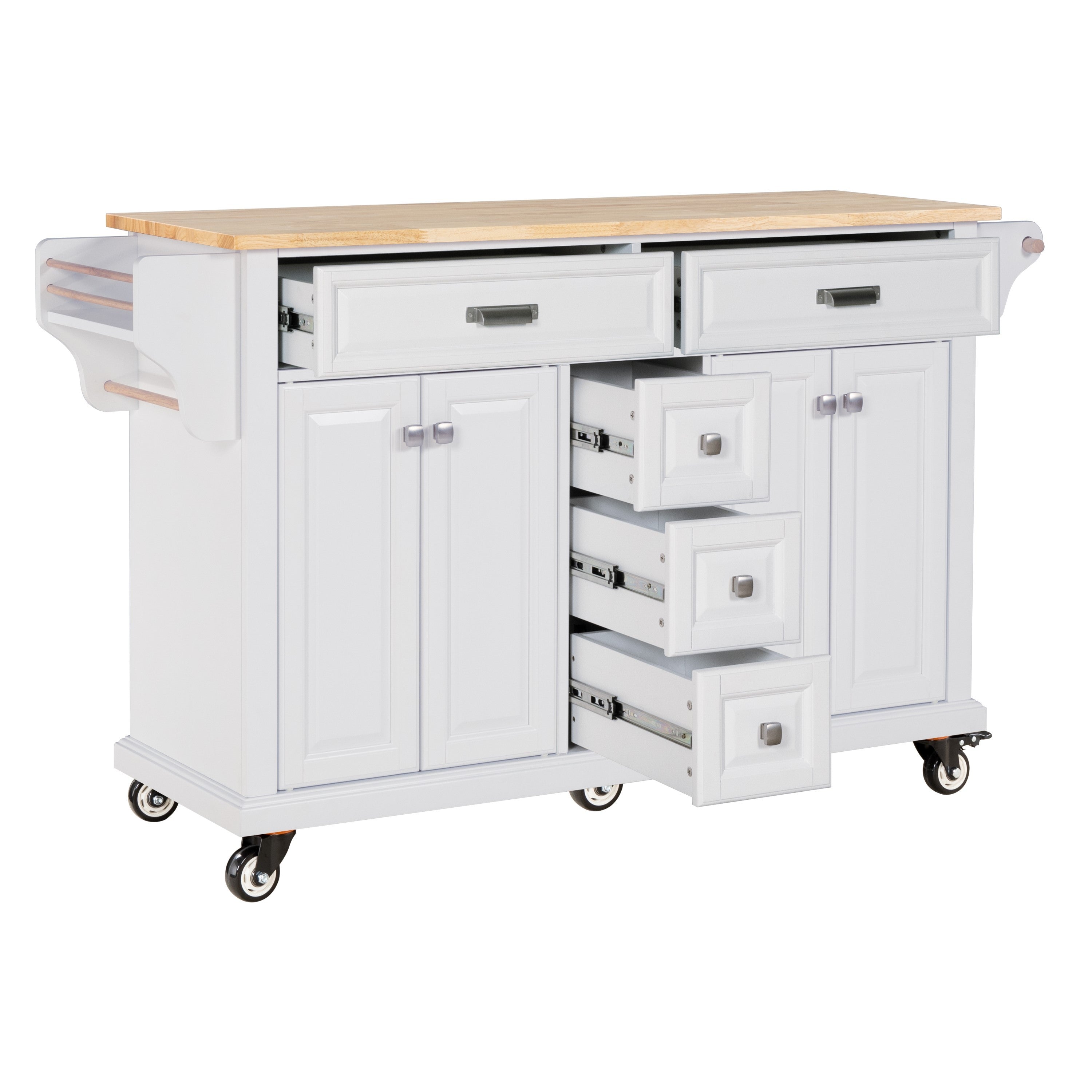 Kitchen Island Cart with Rubberwood Countertop, Storage Cabinet & 5 Drawers, White, 5 Wheels