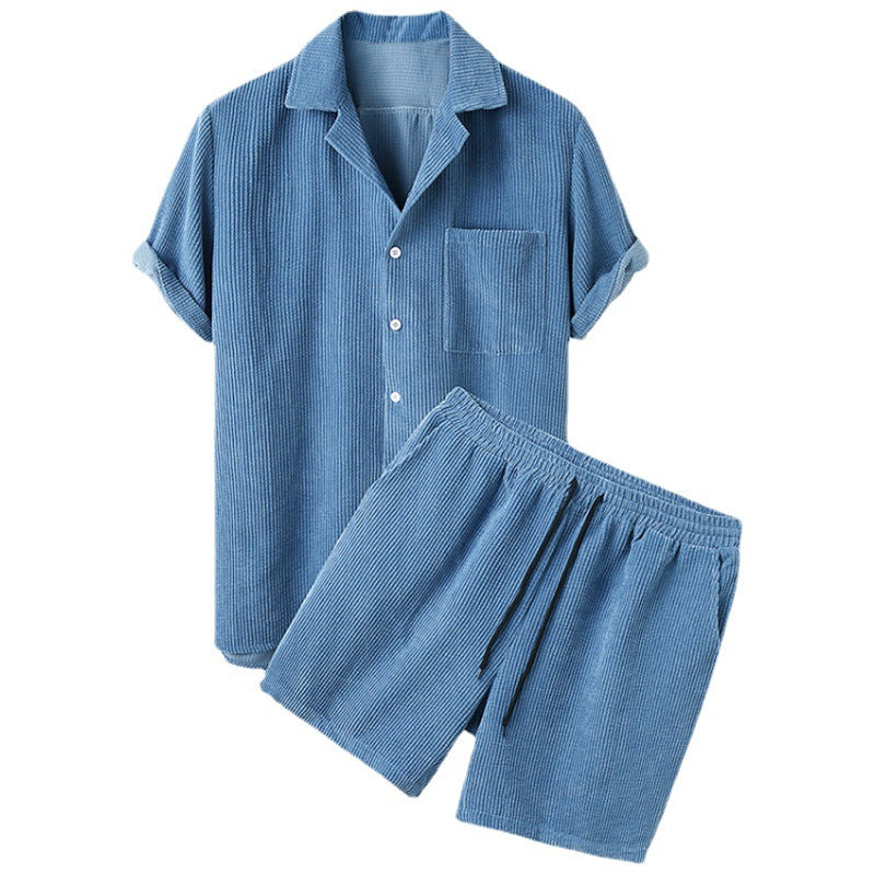 Men's Solid Color Corduroy Casual Shirt Shorts Two-Piece Set