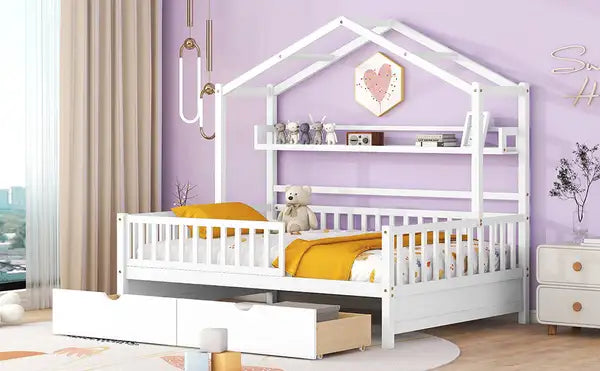 Full Size Wooden House Bed with Storage - White - Kids Bed with 2 Drawers - Minihomy