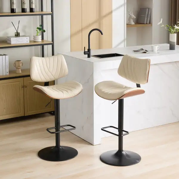 Adjustable Bentwood Bar Stools, Mid Century Modern, Black Leather, Swivel, Counter Height, Beige - Minihomy