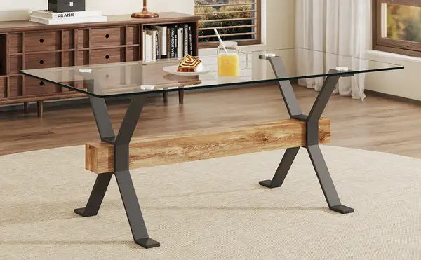 Modern Tempered Glass Dining Table with Black Metal Legs - 70.9" x 35.4" x 30" - Home & Office Use - Minihomy