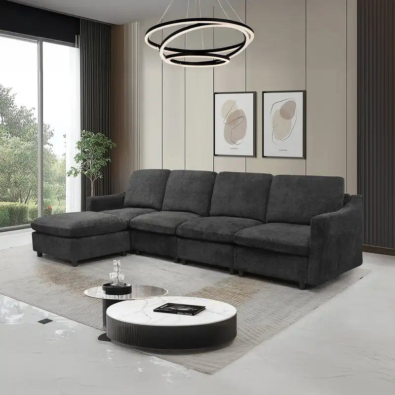 Modern Oversized Deep Seat Sectional Sofa with Chaise - Black or Gray