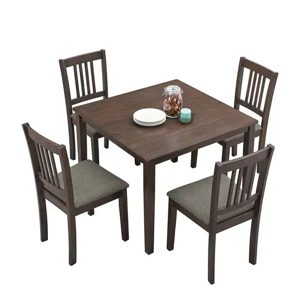 Mid Century Modern Dining Table Set with 4 Chairs - Square Wooden Kitchen Table & Upholstered Chairs, Dark Brown