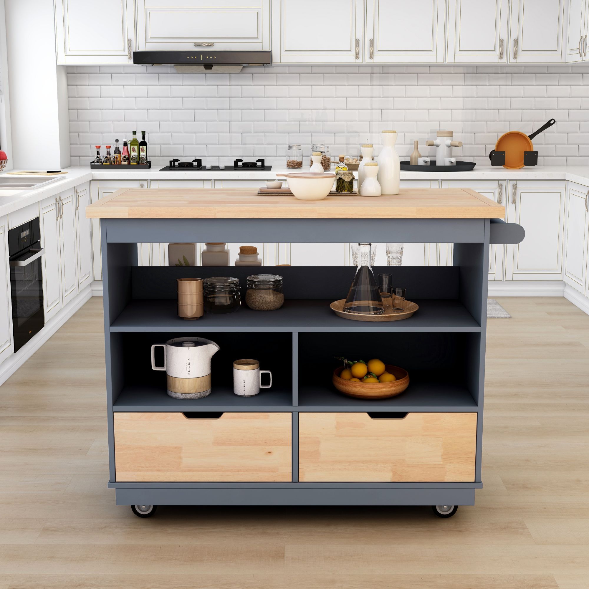 Rolling Kitchen Island with Storage, 2-Sided Cart, Wine & Spice Rack, 2 Drawers, 3 Compartments, Grey Blue