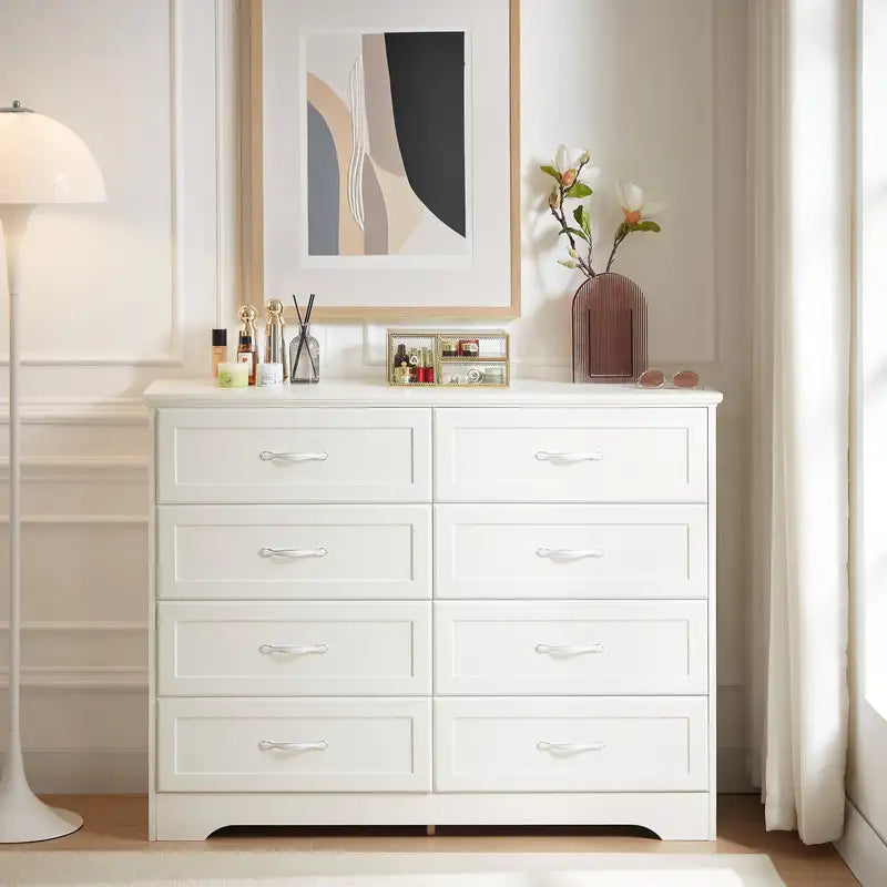 White 8-Drawer Dresser Chest - Modern Bedroom Storage Organizer (47.6"L)