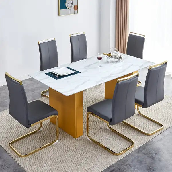 Modern Rectangular Dining Table & 6 Chair Set - Patterned Glass Top, Faux Leather Cushions - Minihomy