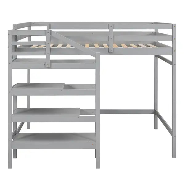 Full Size Loft Bed with Storage Staircase & Clothes Hanger - Gray - Minihomy