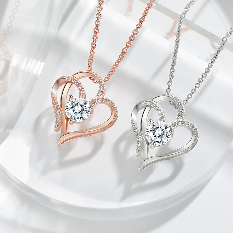 Zircon Double Love Necklace With Rhinestones - Ins Personalized Heart-shaped Necklace