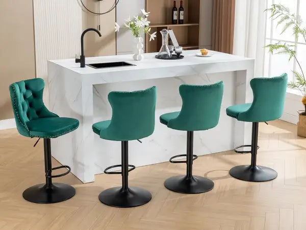 Green Velvet Bar Stools with Backs - Adjustable Height, Tufted, Set of 2 for Kitchen Island & Pub - SW1812GN - Minihomy