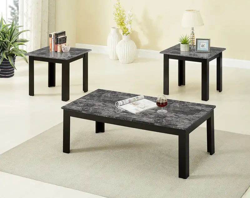 Black Faux Marble Top Coffee Table Set - 3pc Rectangular & Square End Tables