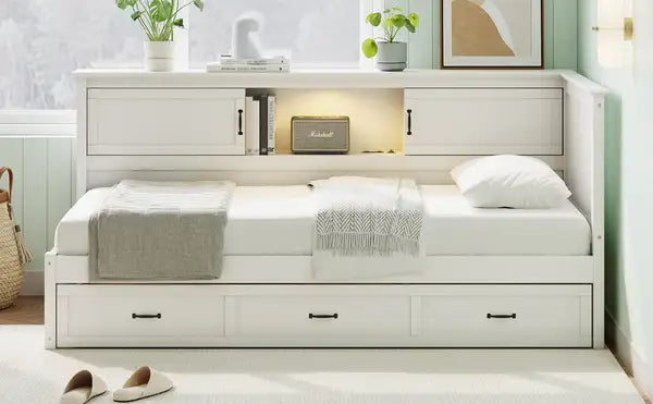 L-Shaped Twin Bed Frame with Drawer, Bookcase, LED Lights & USB Port - White - Minihomy