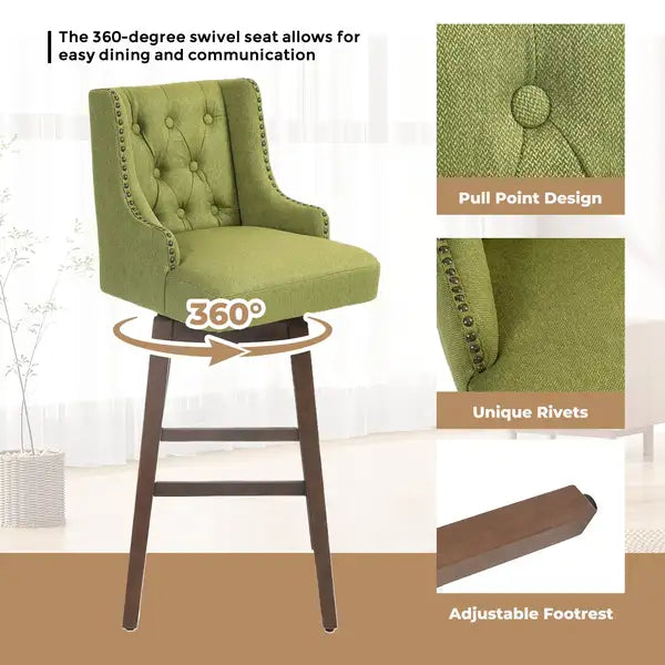 COOLMORE Bar Stools Set of 2 - Swivel, Footrest, Olive Linen