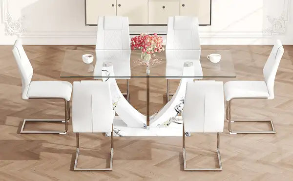 Modern Glass Dining Table & Chair Set for 6-8 People - Tempered Glass Top, MDF Legs - Minihomy